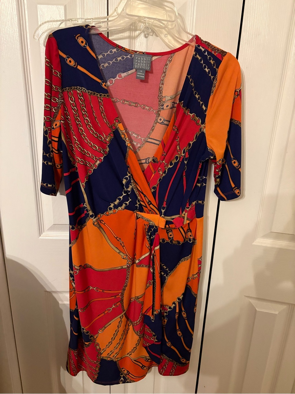Rabbit Rabbit Rabbit Colorblock Chain-Print Wrap Dress in Orange, Navy & Red